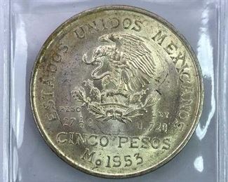 1953 Mexico Silver 5 Pesos, AU/BU