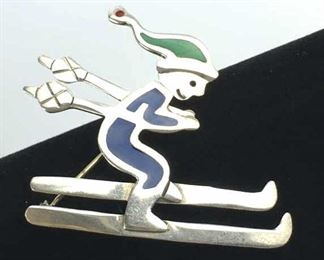 Sterling Silver Skier Brooch Pin