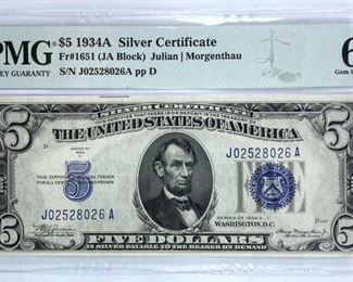1934A US $5 Silver Certificate PMG65EPQ GEM