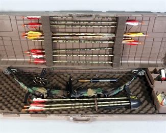 Precision Edge Series 4000CM 29" Draw 65-80 lb Compound Bow With Arrows Qty 15, And Plano Bow Guard Hard Case, And More
