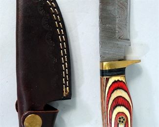 Damascus Steel 4" Fixed Blade Knife With Custom Tooled Leather Sheath