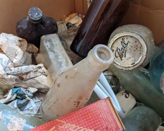 Collectible medicine bottles and variety of other types entire box. (No Singles)