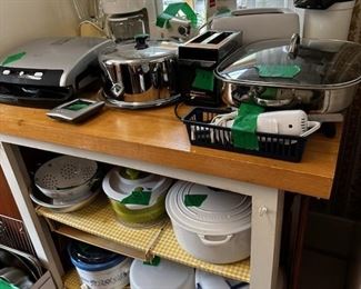 Small Appliances George Forman Grill, Small Crock pot, Coffee Maker, Blender and much more.