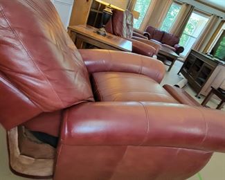 LEATHER NAIL-HEAD TRIM SOFA $350, LOVESEAT $275, TWO RECLINERS $225 EACH. TOTAL IF PURCHASE ALL FOUR PIECES $1,100, HAND-TUFTED TEXTURED FLORAL PATTERN LARGE LOOPS RUG $75.00, WOOD/GLASS COFFEE TABLE $80 AND TWO END TABLES $50 EACH