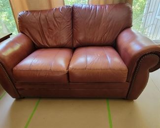 LEATHER NAIL-HEAD TRIM SOFA $350, LOVESEAT $275, TWO RECLINERS $225 EACH. TOTAL IF PURCHASE ALL FOUR PIECES $1,100, HAND-TUFTED TEXTURED FLORAL PATTERN LARGE LOOPS RUG $75.00, WOOD/GLASS COFFEE TABLE $80 AND TWO END TABLES $50 EACH