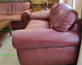 LEATHER NAIL-HEAD TRIM SOFA $350, LOVESEAT $275, TWO RECLINERS $225 EACH. TOTAL IF PURCHASE ALL FOUR PIECES $1,100, HAND-TUFTED TEXTURED FLORAL PATTERN LARGE LOOPS RUG $75.00, WOOD/GLASS COFFEE TABLE $80 AND TWO END TABLES $50 EACH