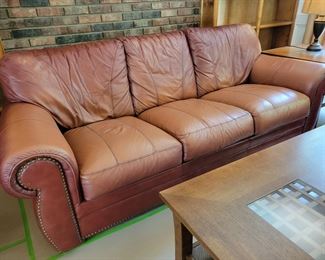 LEATHER NAIL-HEAD TRIM SOFA $350, LOVESEAT $275, TWO RECLINERS $225 EACH. TOTAL IF PURCHASE ALL FOUR PIECES $1,100, HAND-TUFTED TEXTURED FLORAL PATTERN LARGE LOOPS RUG $75.00, WOOD/GLASS COFFEE TABLE $80 AND TWO END TABLES $50 EACH