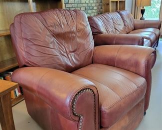 LEATHER NAIL-HEAD TRIM SOFA $350, LOVESEAT $275, TWO RECLINERS $225 EACH. TOTAL IF PURCHASE ALL FOUR PIECES $1,100, HAND-TUFTED TEXTURED FLORAL PATTERN LARGE LOOPS RUG $75.00, WOOD/GLASS COFFEE TABLE $80 AND TWO END TABLES $50 EACH