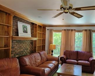 LEATHER NAIL-HEAD TRIM SOFA $350, LOVESEAT $275, TWO RECLINERS $225 EACH. TOTAL IF PURCHASE ALL FOUR PIECES $1,100, HAND-TUFTED TEXTURED FLORAL PATTERN LARGE LOOPS RUG $75.00, WOOD/GLASS COFFEE TABLE $80 AND TWO END TABLES $50 EACH