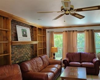 LEATHER NAIL-HEAD TRIM SOFA $350, LOVESEAT $275, TWO RECLINERS $225 EACH. TOTAL IF PURCHASE ALL FOUR PIECES $1,100, HAND-TUFTED TEXTURED FLORAL PATTERN LARGE LOOPS RUG $75.00, WOOD/GLASS COFFEE TABLE $80 AND TWO END TABLES $50 EACH