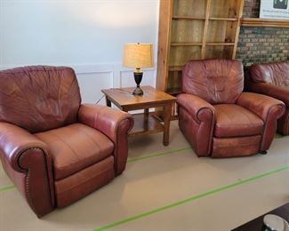 LEATHER NAIL-HEAD TRIM SOFA $350, LOVESEAT $275, TWO RECLINERS $225 EACH. TOTAL IF PURCHASE ALL FOUR PIECES $1,100, HAND-TUFTED TEXTURED FLORAL PATTERN LARGE LOOPS RUG $75.00, WOOD/GLASS COFFEE TABLE $80 AND TWO END TABLES $50 EACH