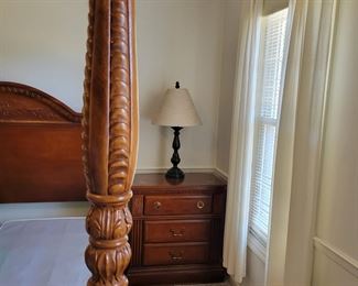 QUEEN FOUR POST BED AND SIDE RAILS $150, MATCHING DRESSER/MIRROR $150, CHEST OF DRAWERS $90 AND TWO NIGHT STANDS $75 EACH