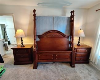 QUEEN FOUR POST BED AND SIDE RAILS $150, MATCHING DRESSER/MIRROR $150, CHEST OF DRAWERS $90 AND TWO NIGHT STANDS $75 EACH