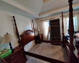 QUEEN FOUR POST BED AND SIDE RAILS $150, MATCHING DRESSER/MIRROR $150, CHEST OF DRAWERS $90 AND TWO NIGHT STANDS $75 EACH