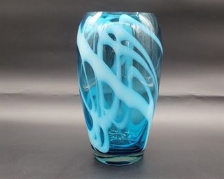 Handmade Blue Swirl Art Glass Vase from Poland