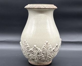 Cream Glazed over Terra Cotta Pottery Vase w/ Leaf
