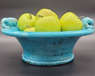 Heavy Glazed Turquoise Fruit Bowl w/ Faux Apples