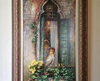 Signed Painting of Mother & Child on Balcony
