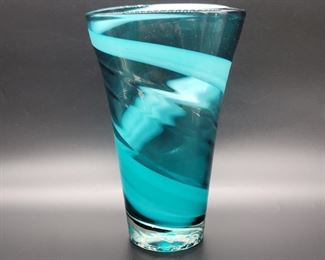 Hand Blown Blue Art Glass w/ Ribbon Vase