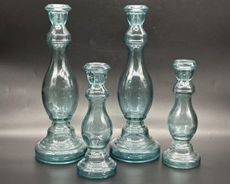 (4) Matching Blue Glass Candlesticks in 2 Heights