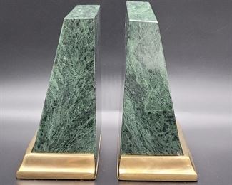 Vintage Green Marble on Brass Base Bookends