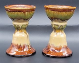 Pair Art Pottery Earth Tones Candlesticks