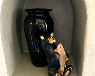 Black Glass Vase, Barefoots Bear Figurine