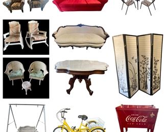 Cowboy Boots - Grand Perregaux 14k Gold Watch - Coca-Cola Cooler on Wheels - Viribus Pedal Powered Trike - Antique French Provincial Sofa - Wicker Patio Furniture - Queen Sleeper Sofa - Marble Top Coffee Table & More!