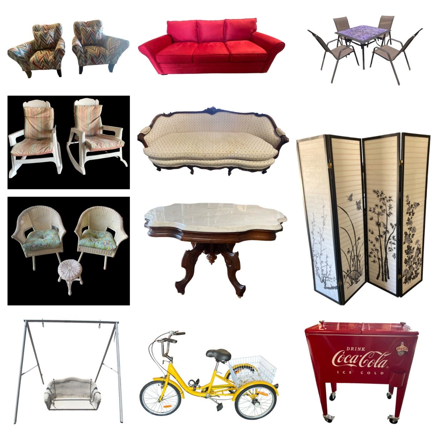 Cowboy Boots - Grand Perregaux 14k Gold Watch - Coca-Cola Cooler on Wheels - Viribus Pedal Powered Trike - Antique French Provincial Sofa - Wicker Patio Furniture - Queen Sleeper Sofa - Marble Top Coffee Table & More!