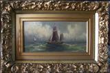 1900 oil on wood panel of Sailboats on a Stormy Sea, 6x12", signed l.l. R. Littau,