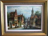C/1970's oil on canvas of German City center w/figures, signed l.l.  G. Nyland 24x36", gilt frame