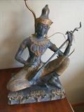 Lg. Antique bronze Thailand figure of female musician on stand w/added lamp