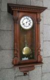 ~ C/1900 hand carved German Vienna Wall Regulator clock, porc. dial, 8 day, orig. pendulum, 32" h.