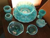 ~ 1960's Blue opalescent Punch bowl set w/under plate ~ C/1910 pressed glass blue opalescent open compote ~ Blue opalescent swirl small pitcher ~ C/1900 Blue opalescent covered swan ~ C/1900 Blue opalescent pressed glass compote ~ 1890's Blue opalescent nappy ~ C/1900 2 Blue opalescent rose bowls