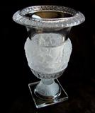 Lg. contemporary cut crystal frosted mantle vase, Campana form, 12" h.