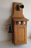 C/1895 Oak long box wall crank telephone, complete, by Chicago Telephone Company, 30" h.