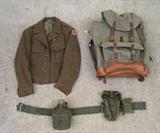 US WWII Ike Jacket w/patches ~ US marked Military Ammo pouch and Canteen ~ Old German Back Pack