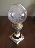 Mid 19th C. French candle lamp, porcelain base and etched shade