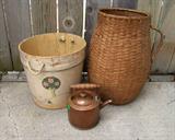 1870s Hand Made Copper Kettle ~ 1900 Folk Art Painted Staved Wood Bucket ~ 1900 Lg. Woven Splint Basket for Feathers