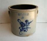 C/1880-2 gallon salt glaze stoneware crock w/floral blue skip decoration, signed J & E Norton, Bennington, VT