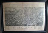 Dated 1880 panoramic lithographic view  of the City of Ann Arbor (Birdseye) w/all major structures identified in C/1900 frame, published by J.J. Stoner, 20" h x 30" w.