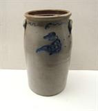 C/1880 6 gallon stoneware churn w/applied ears and blue slip decoration