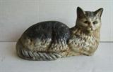 Old Hand painted cast iron cat doorstop w/green eyes, 13 1/2" long - Worn Paint