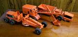 3 Late 50s Wyandotte Heavy Metal Road Construction Set incl. Power Grader, Crane with Treads and a Field Scraper (All in Orange Paint)