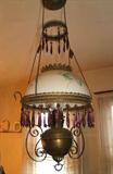 C/1890's Victorian hanging chandelier w/brass font, hand painted shade and amethyst crystals - Never Converted to Electric
