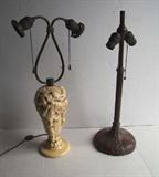 C/1910 signed Handel bronze lamp base ~ C/1910 Pottery and brass lamp base signed “LCT Pottery, J734”, Ivory Glazed