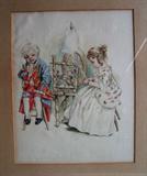 C/1920's watercolor of Colonial Children "The Courtship of Miles Standish", Faintly Initialed
