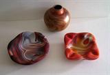 Signed Orient & Flume art glass vase, orange iridescent swirl & 2 Agate Satin Glass Ashtrays