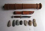 ~ C/1940's Mahogany Foundry pattern for deck cannon ~ 1950's Pal hunting knife w/stacked leather handle ~ 7 North American Indian stone tools including scrapers and Celts