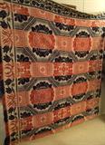 ~ Mid 19th C. Jacquard coverlet, red and dark Indigo on buff w/floral and geometric patterns, exc. condition